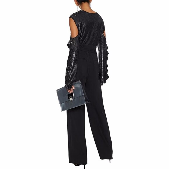 EUC IRO black & silver double faced sequin cold shoulder ruffle sleeve top - Picture 3 of 16